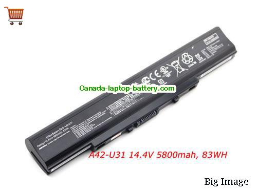 Genuine ASUS U41JC Battery 5800mAh, 14.4V, Black , Li-ion