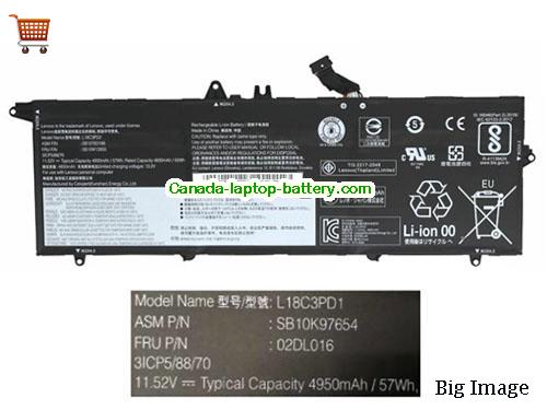 Genuine LENOVO SB10K97654 Battery 4950mAh, 57Wh , 11.52V, Black , Li-Polymer