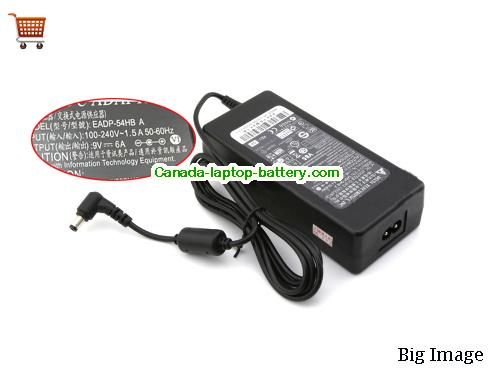 Delta  9V 6A AC Adapter, Power Supply, 9V 6A Switching Power Adapter