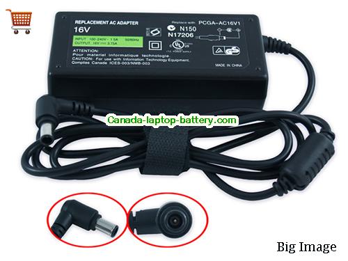 SONY VGN-S370F Laptop AC Adapter 16V 3.75A 60W